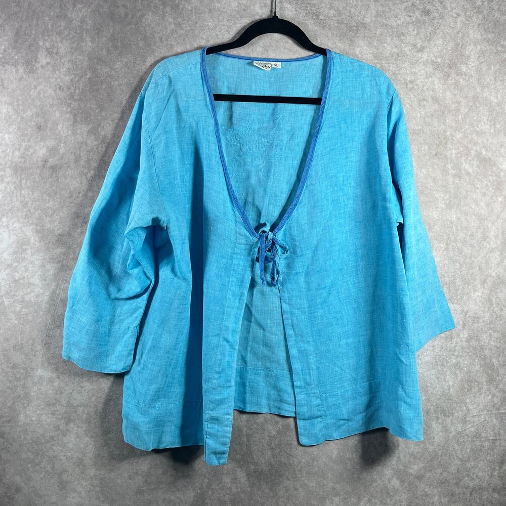 Liz & Jane Some What Funky Top Women XL Blue Tie Neck 3/4 Sleeve Vacation Travel